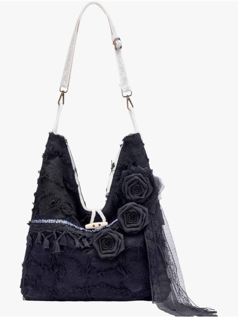 Elegant Black Floral Applique Shoulder Bag